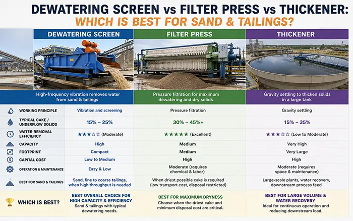 Dewatering Screen vs Filter Press vs Thickener