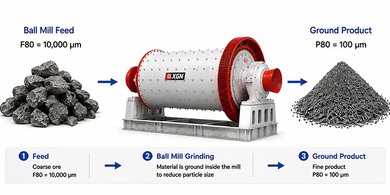 Ball mill grinding process from F80 feed size to P80 ground product size Ball mill grinding process from F80 feed size to P80 ground product size