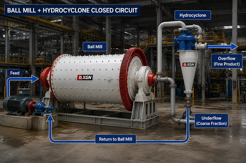 Ball mill and hydrocyclone closed circuit grinding process with coarse particle return Ball mill and hydrocyclone closed circuit grinding process with coarse particle return