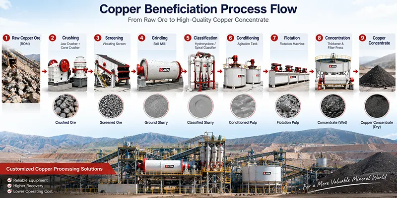 Copper ore beneficiation flowsheet from crushing and grinding to flotation and concentrate dewatering Copper ore beneficiation flowsheet from crushing and grinding to flotation and concentrate dewatering