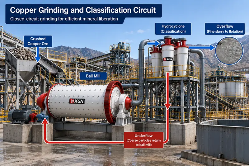 Closed grinding circuit with a ball mill, hydrocyclone and coarse particle return Closed grinding circuit with a ball mill, hydrocyclone and coarse particle return