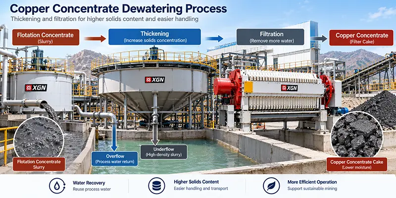 Copper concentrate dewatering process with thickening, filtration and process water recovery Copper concentrate dewatering process with thickening, filtration and process water recovery