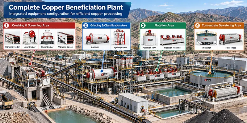 Copper beneficiation plant equipment configuration for crushing, grinding, flotation and dewatering Copper beneficiation plant equipment configuration for crushing, grinding, flotation and dewatering