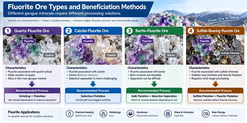 Tipos de mineral de fluorita y métodos de beneficio