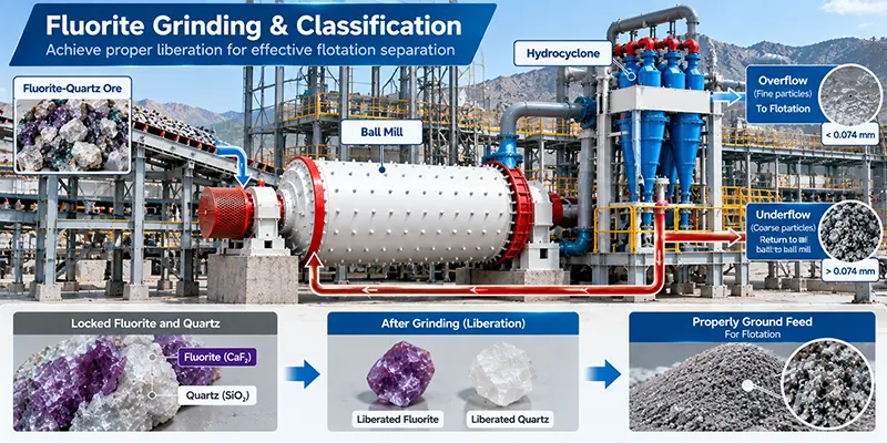 Fluorite grinding and classification circuit with ball mill and hydrocyclone Fluorite grinding and classification circuit with ball mill and hydrocyclone