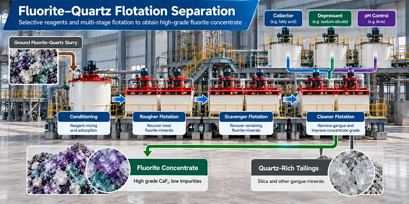 Fluorite-quartz flotation separation with conditioning, rougher, scavenger and cleaner stages Fluorite-quartz flotation separation with conditioning, rougher, scavenger and cleaner stages