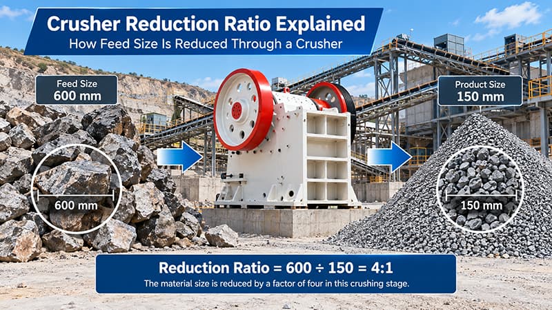 Crusher reduction ratio example showing 600 mm feed reduced to 150 mm at a 4:1 ratio Crusher reduction ratio example showing 600 mm feed reduced to 150 mm at a 4:1 ratio