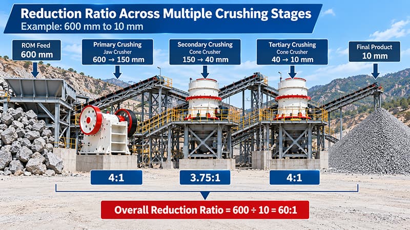 Multi-stage crushing circuit showing reduction ratios from 600 mm feed to 10 mm final product Multi-stage crushing circuit showing reduction ratios from 600 mm feed to 10 mm final product