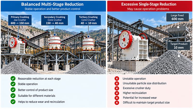 Balanced multi-stage crushing compared with excessive single-stage crusher reduction Balanced multi-stage crushing compared with excessive single-stage crusher reduction