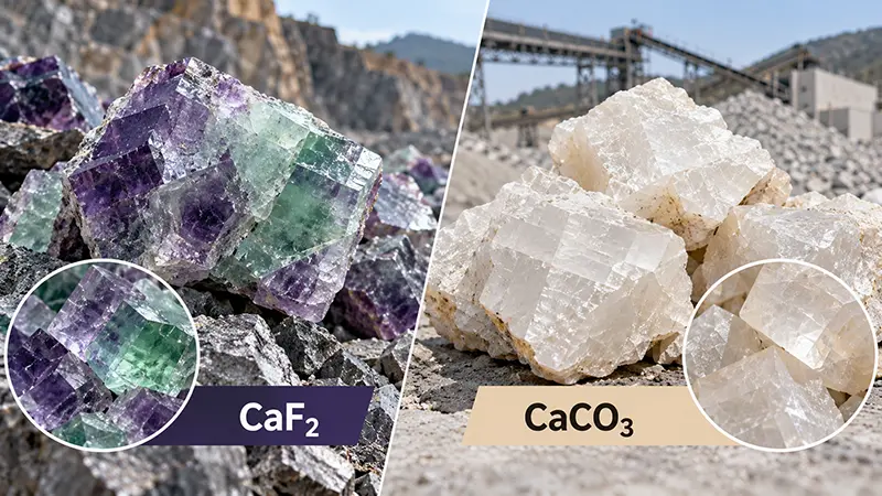 Fluorite and calcite mineral comparison showing CaF₂ and CaCO₃ Fluorite and calcite mineral comparison showing CaF₂ and CaCO₃