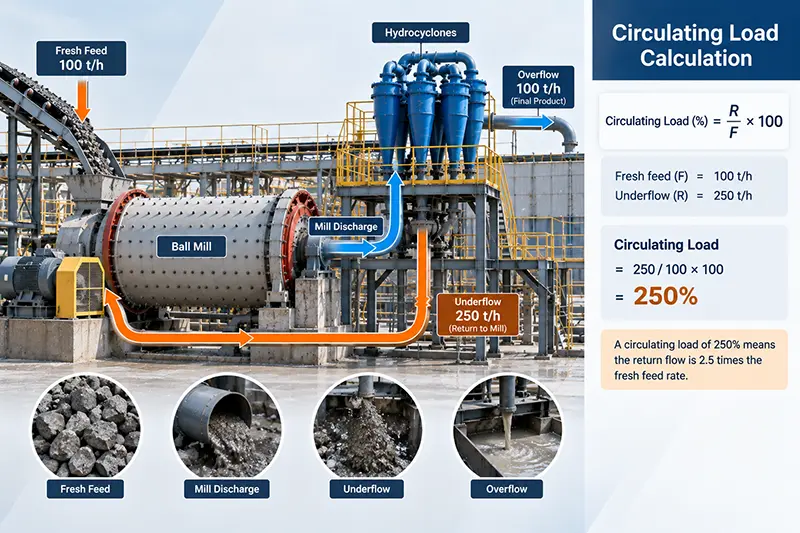 Circulating load calculation using 100 t/h fresh feed and 250 t/h hydrocyclone underflow Circulating load calculation using 100 t/h fresh feed and 250 t/h hydrocyclone underflow