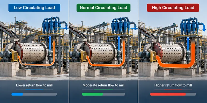 Low, normal and high circulating load compared by hydrocyclone underflow return to the ball mill Low, normal and high circulating load compared by hydrocyclone underflow return to the ball mill