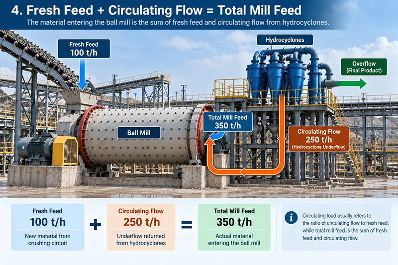 Fresh feed plus circulating flow calculation showing 350 t/h total ball mill feed Fresh feed plus circulating flow calculation showing 350 t/h total ball mill feed