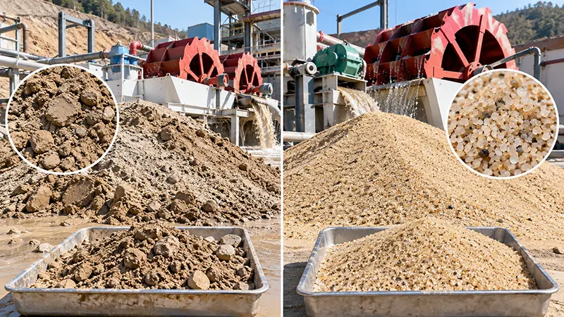 raw sand and washed sand before and after cleaning