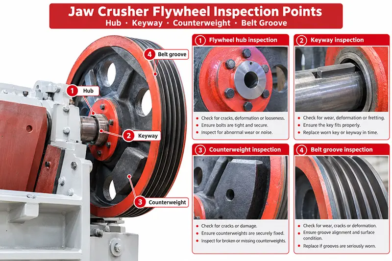 jaw crusher flywheel hub keyway counterweight and belt groove inspection points jaw crusher flywheel hub keyway counterweight and belt groove inspection points