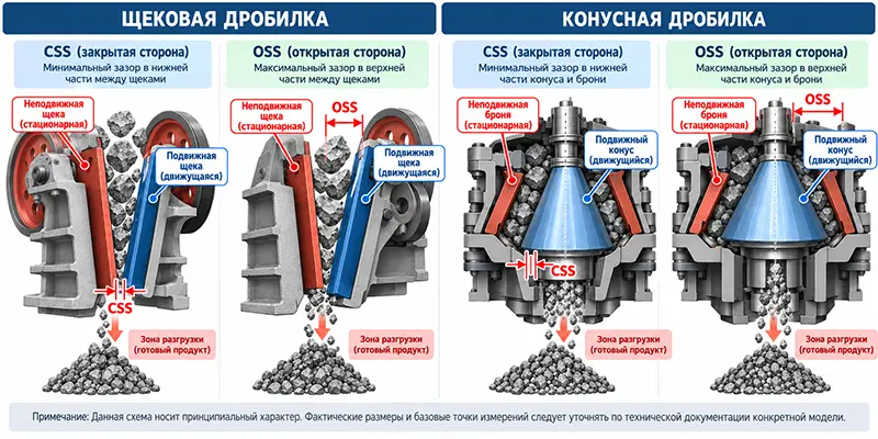 Схема минимальной разгрузочной щели CSS и максимального раскрытия OSS щековой и конусной дробилок Схема минимальной разгрузочной щели CSS и максимального раскрытия OSS щековой и конусной дробилок