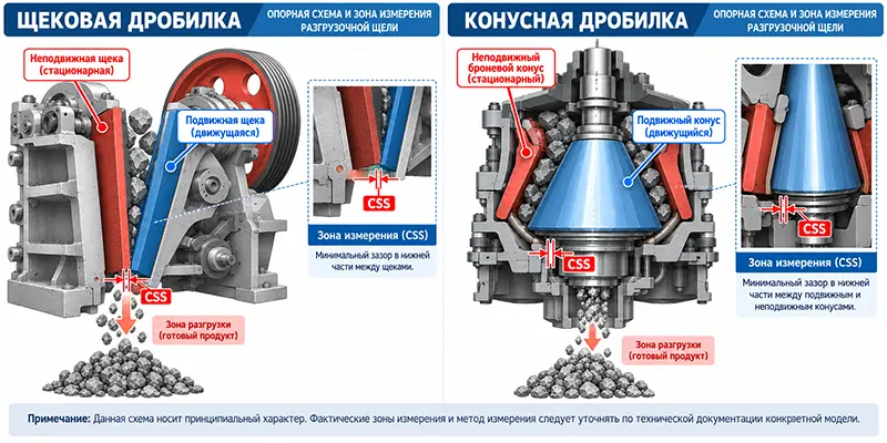 Контрольное сечение для измерения разгрузочной щели на чертеже конкретной модели дробилки Контрольное сечение для измерения разгрузочной щели на чертеже конкретной модели дробилки
