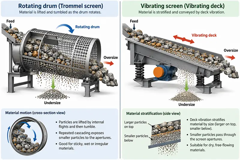 Trommel and vibrating screen diagrams comparing rotary tumbling with deck vibration and material stratification Trommel and vibrating screen diagrams comparing rotary tumbling with deck vibration and material stratification