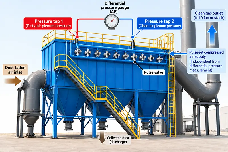 Baghouse differential pressure measurement between the dirty-air and clean-air plenums